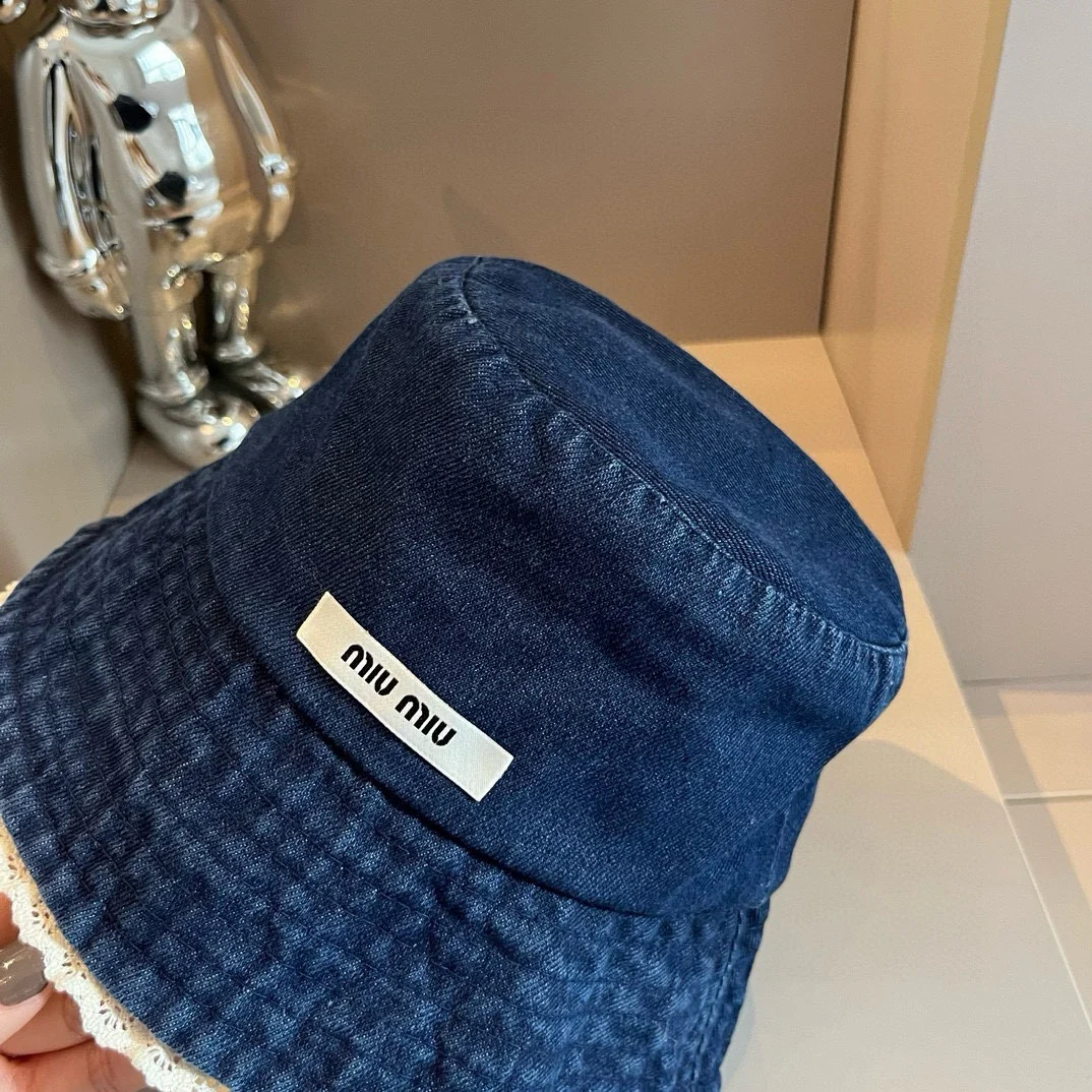 Miu Miu - Джинсовая солнцезащитная шляпа с кружевной отделкой - темно-синяя