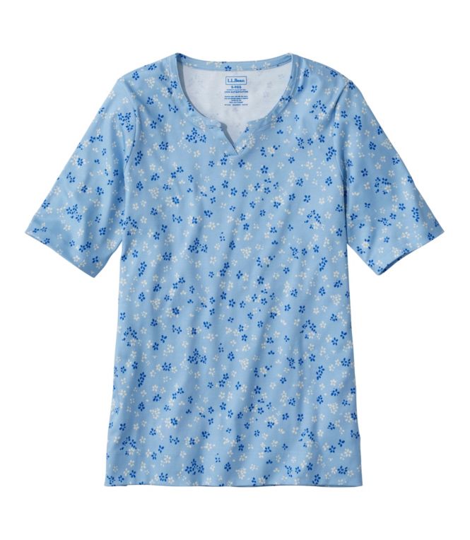 Women's Pima Cotton Tee, Notch-Neck Elbow-Sleeve Tunic Print