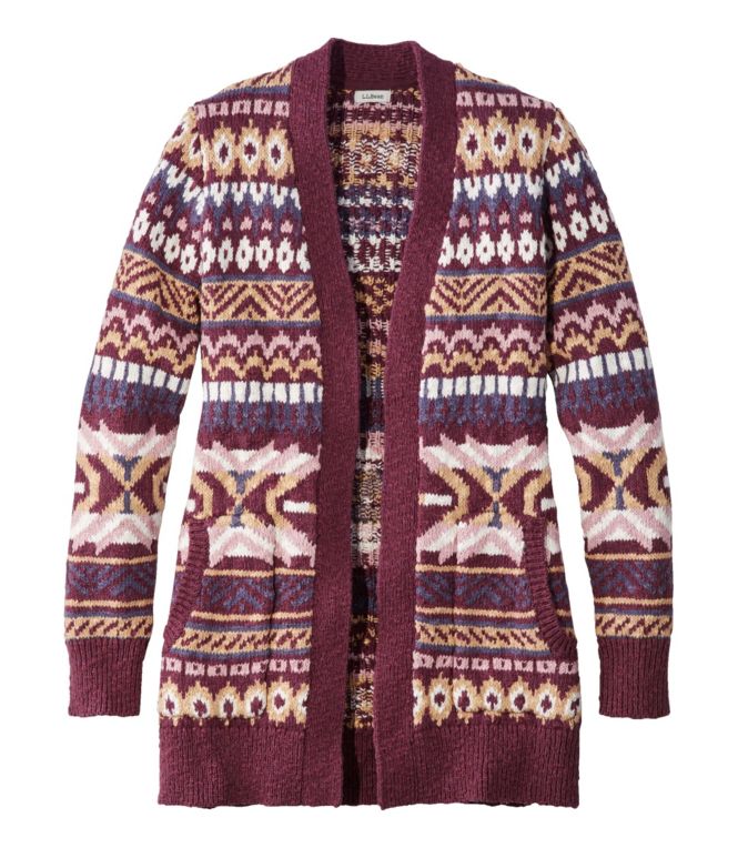 Women's Cotton Ragg Sweater, Open Cardigan Fair Isle