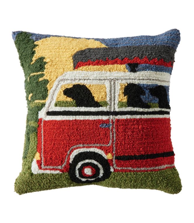 Indoor/Outdoor Hooked Pillow, Dog Bus