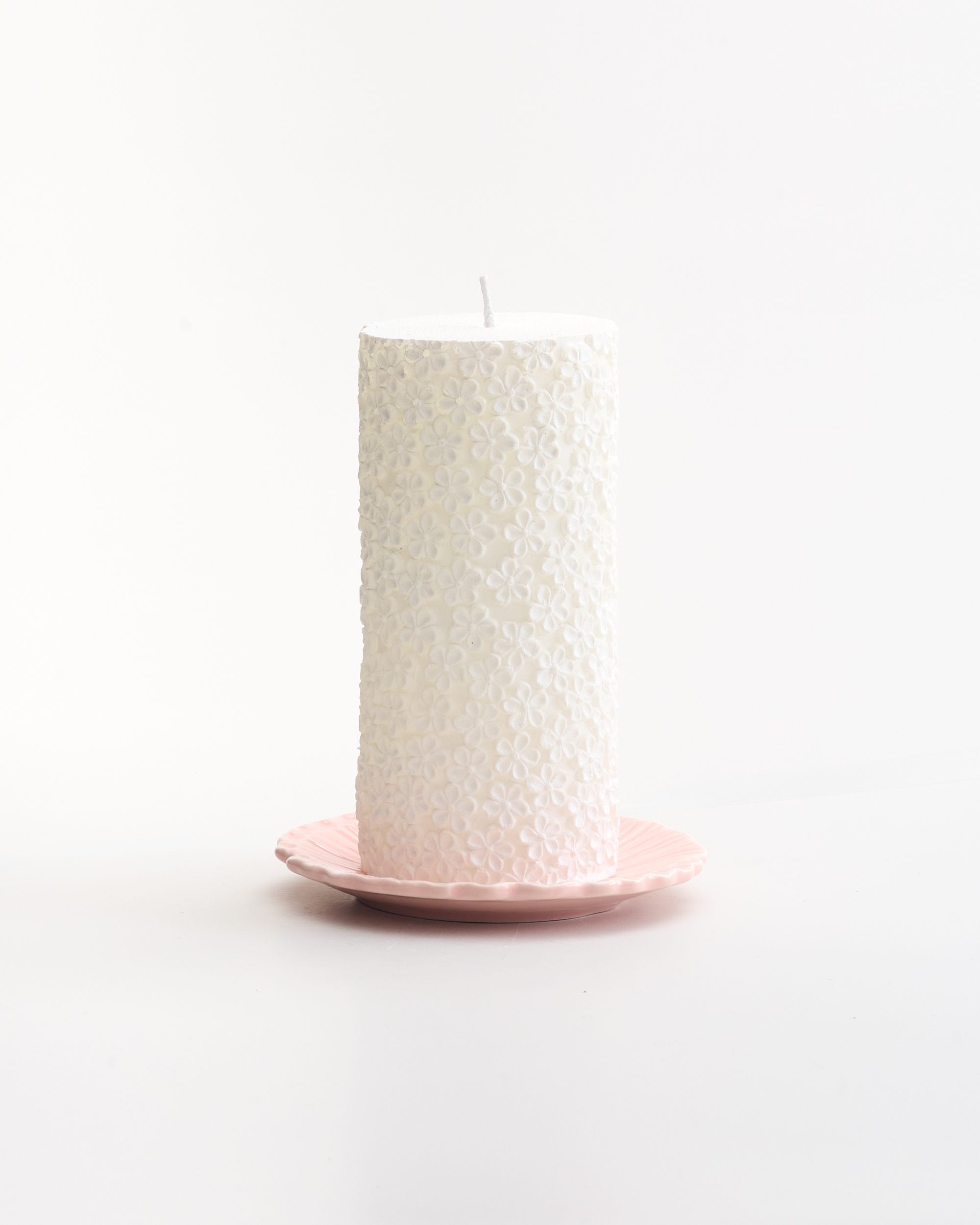 Unscented Flower Embossed Pillar Candle White Large 15cm