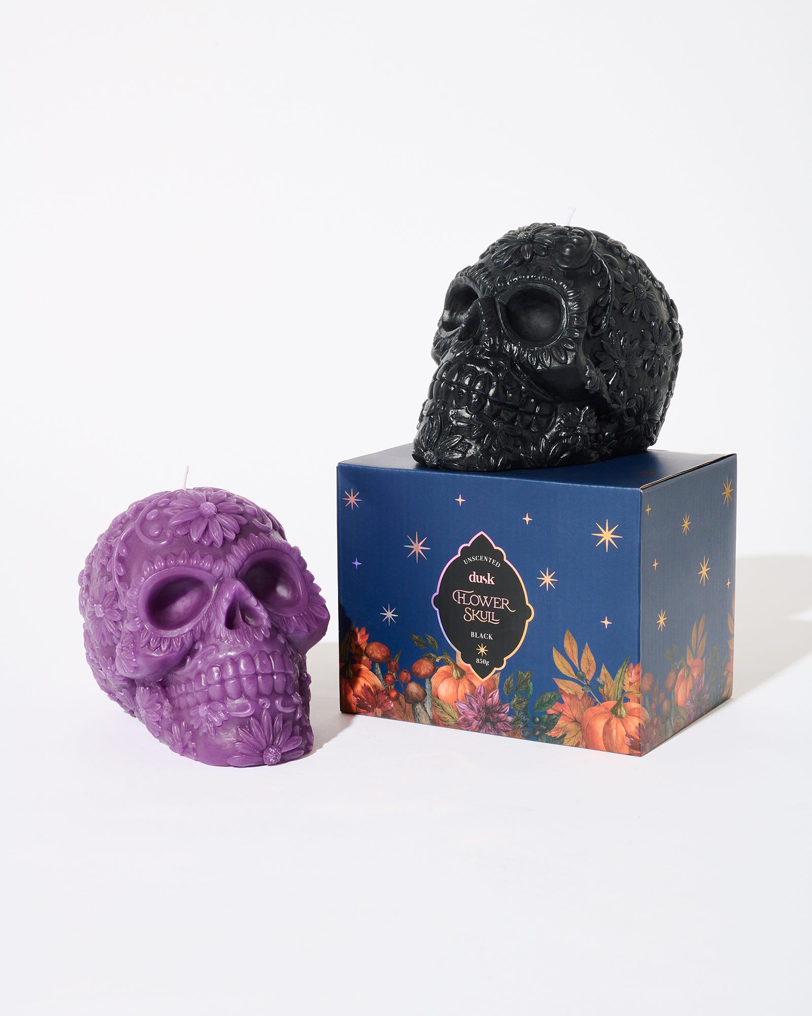 Flower Skull Unscented Candle Black 850g