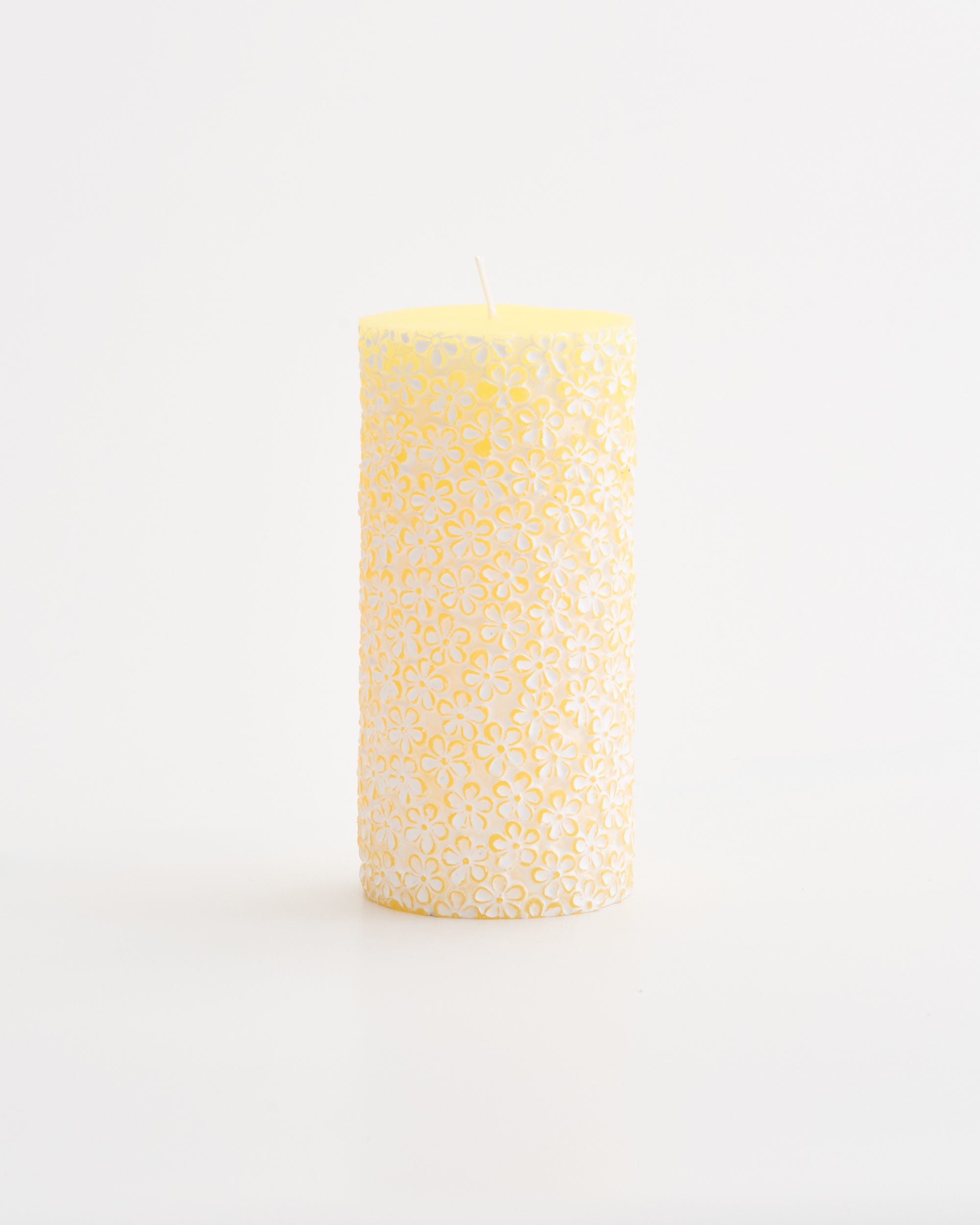 Unscented Flower Embossed Pillar Candle Yellow Large 15cm