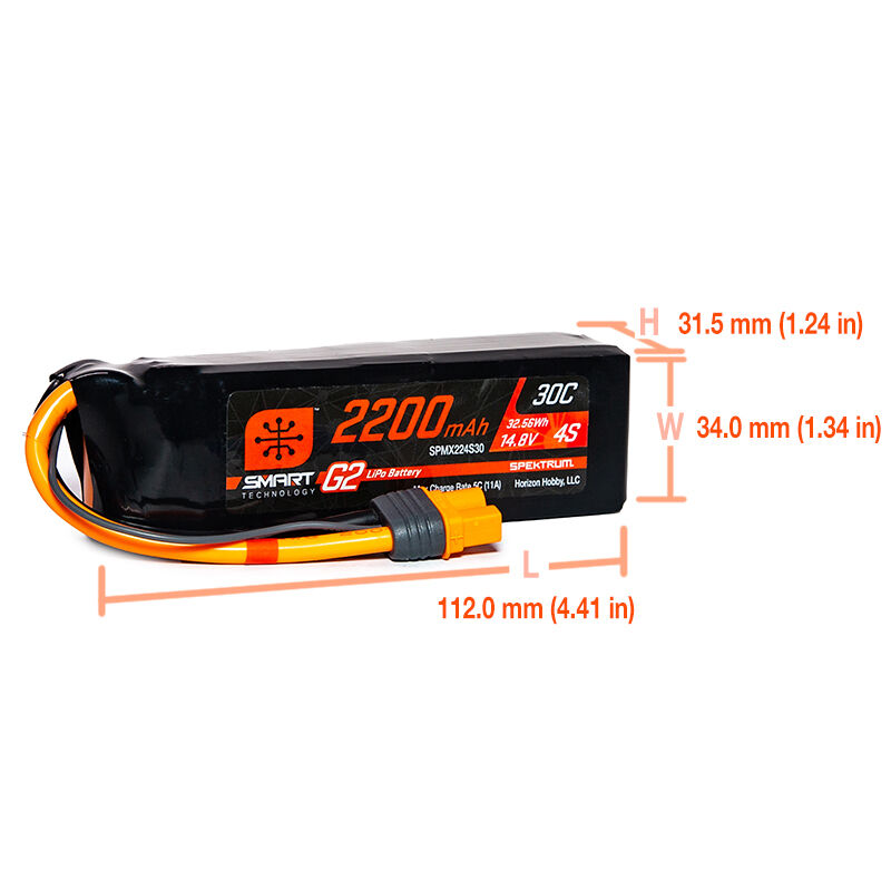 Spektrum Accessories 14.8V 2200mAh 4S 30C Smart G2 LiPo Battery: IC3