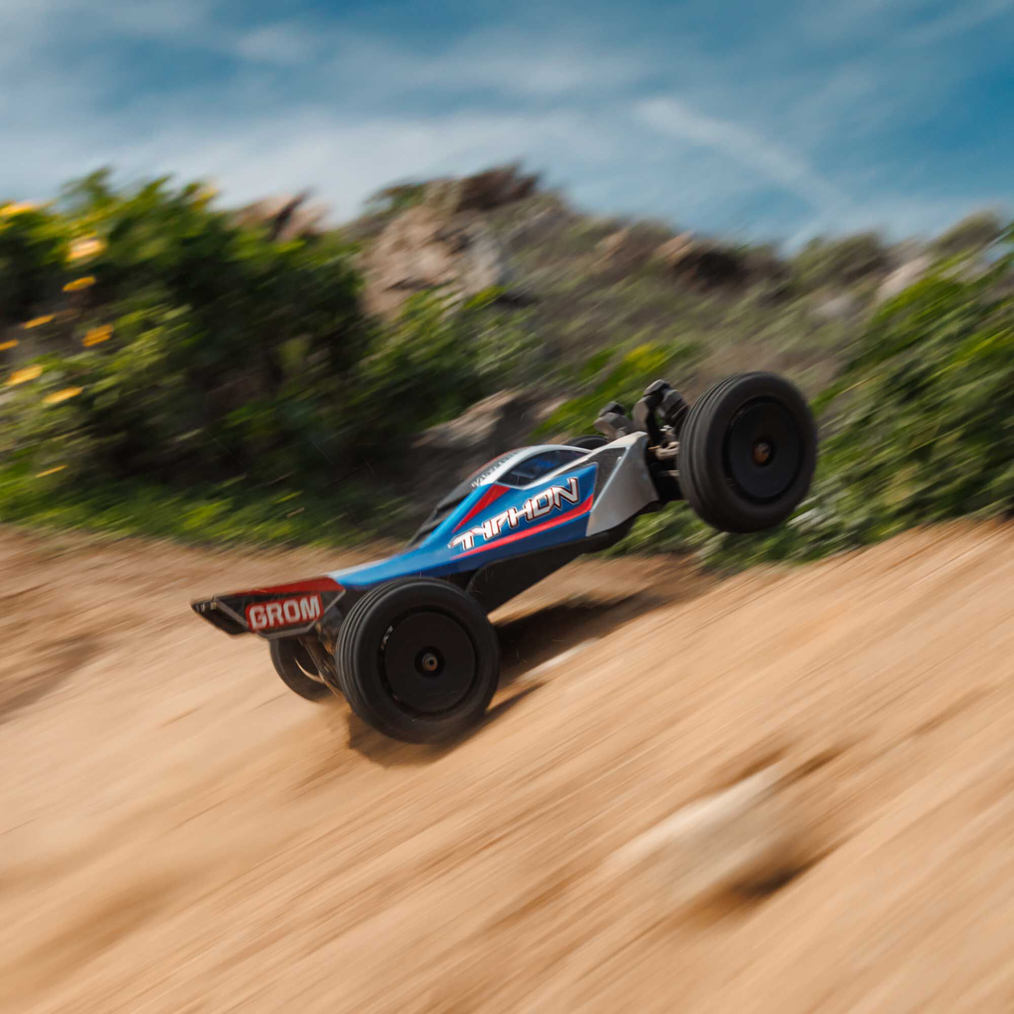 ARRMA 1/14 TYPHON GROM 4X4 RTR Brushed Buggy (Battery & Charger Included), Blue/Silver