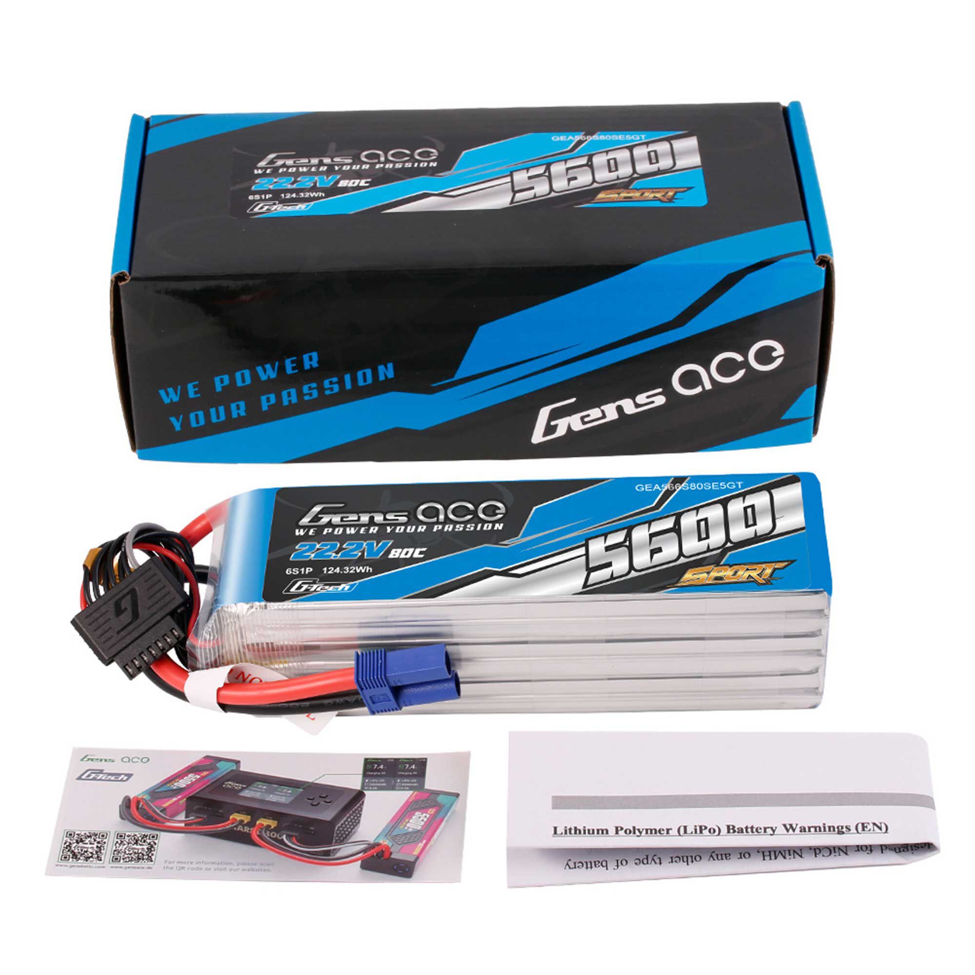 Gens ace 22.2V 5600mAh 6S 80C G-Tech LiPo Battery: EC5