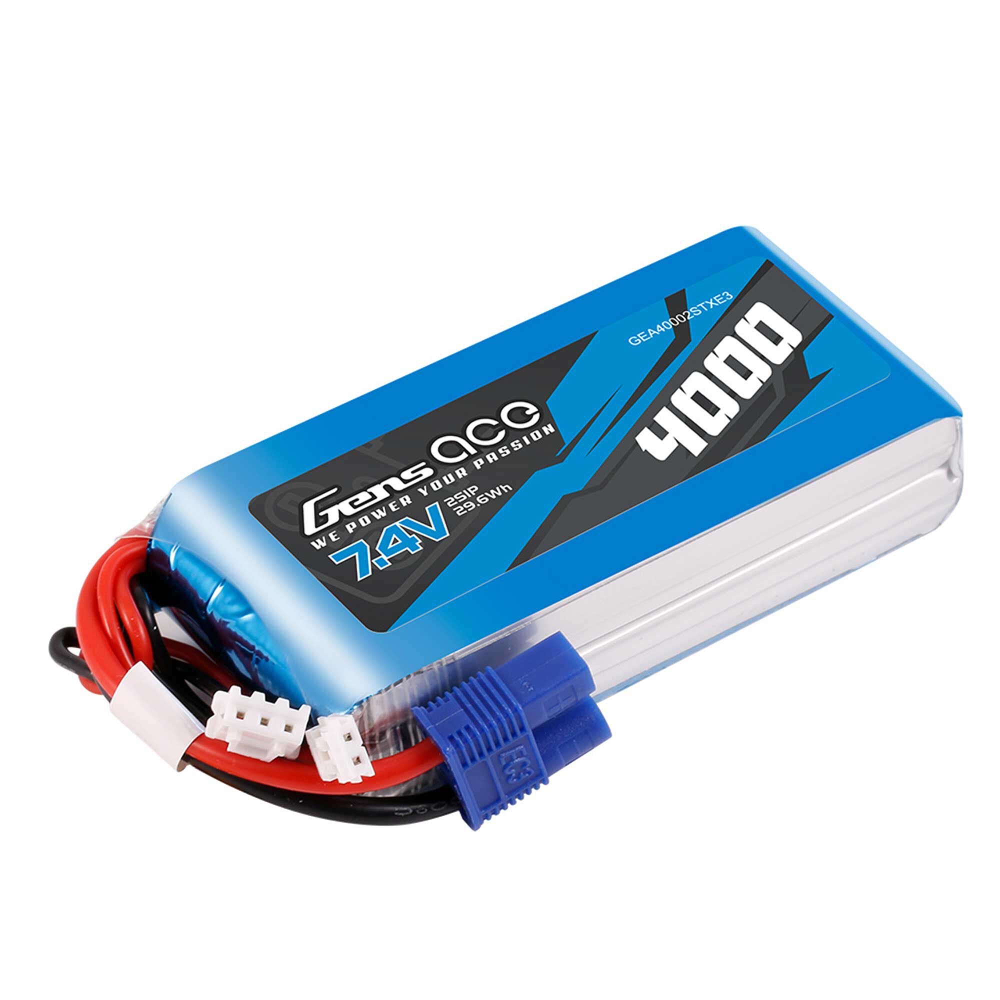 Gens ace 7.4V 4000mAh 2S Receiver LiPo Battery: EC3, JR