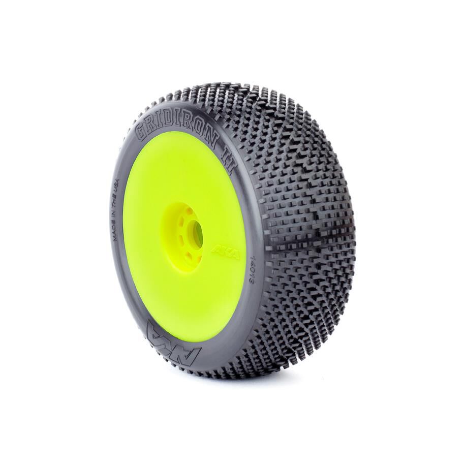 AKA PRODUCTS, INC. 1/8 Gridiron II Super Soft Long Wear Pre-Mounted Tires, Yellow EVO Wheels (2): Buggy