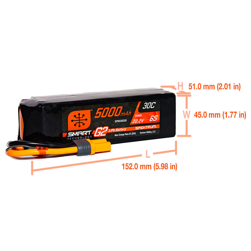 Spektrum Accessories 22.2V 5000mAh 6S 30C Smart G2 LiPo Battery: IC5