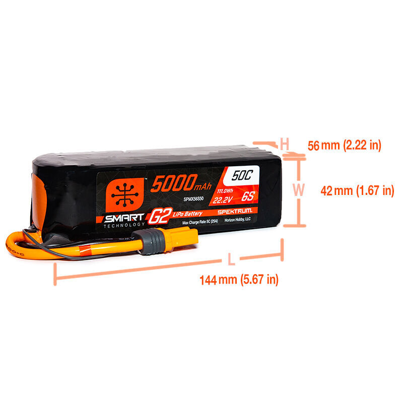 Spektrum Accessories 22.2V 5000mAh 6S 50C Smart G2 LiPo Battery: IC5