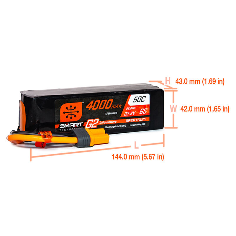 Spektrum Accessories 22.2V 4000mAh 6S 50C Smart G2 LiPo Battery: IC5