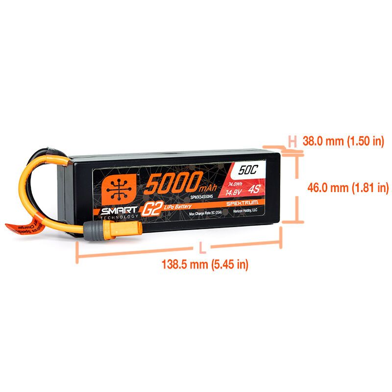 Spektrum Accessories 14.8V 5000mAh 4S 50C Smart G2 Hardcase LiPo Battery: IC5