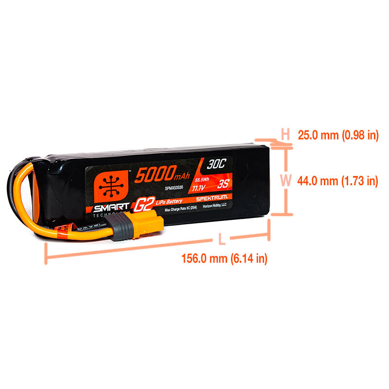 Spektrum Accessories 11.1V 5000mAh 3S 30C Smart G2 LiPo Battery: IC5