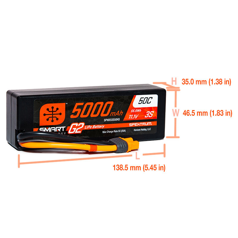 Spektrum Accessories 11.1V 5000mAh 3S 50C Smart G2 Hardcase LiPo Battery: IC3