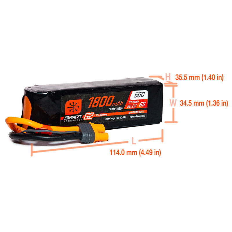 Spektrum Accessories 22.2V 1800mAh 6S 50C Smart G2 LiPo Battery: IC3