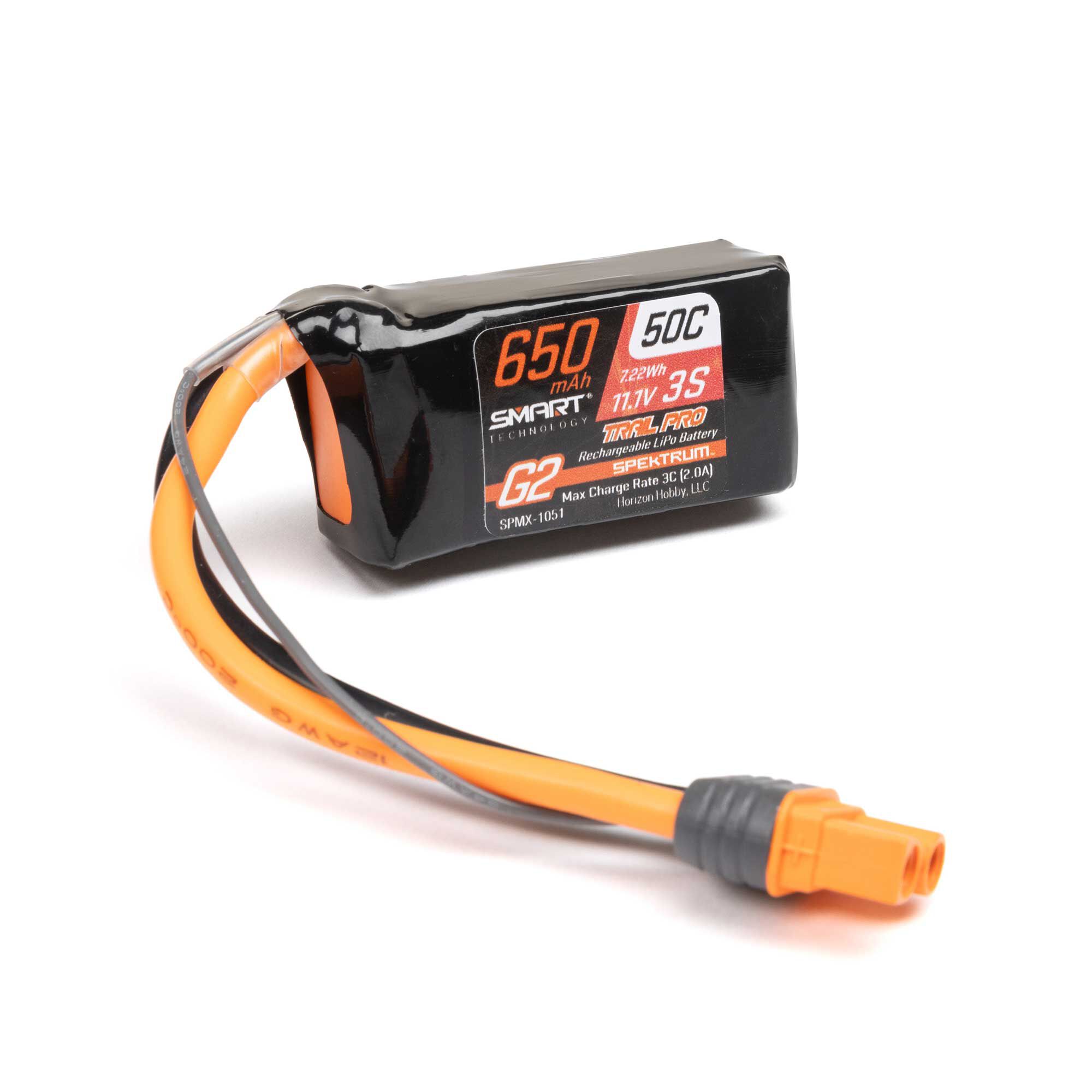 Spektrum Accessories 11.1V 650mAh 3S 50C Smart G2 Trail Pro LiPo Battery: IC2