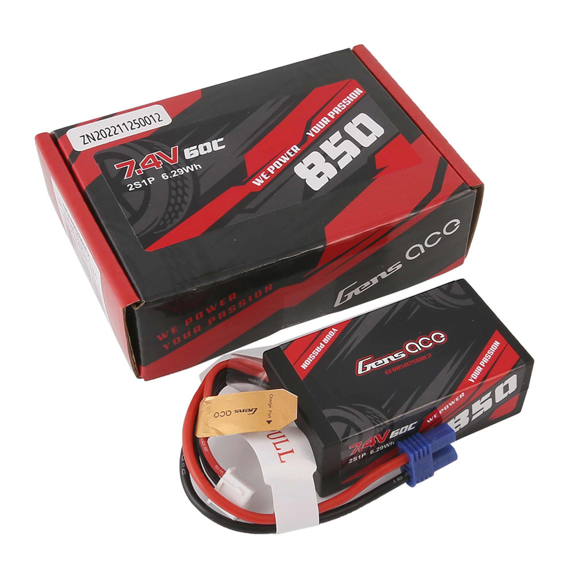 Gens ace 7.4V 850mAh 2S 60C Hardcase LiPo Battery: EC2