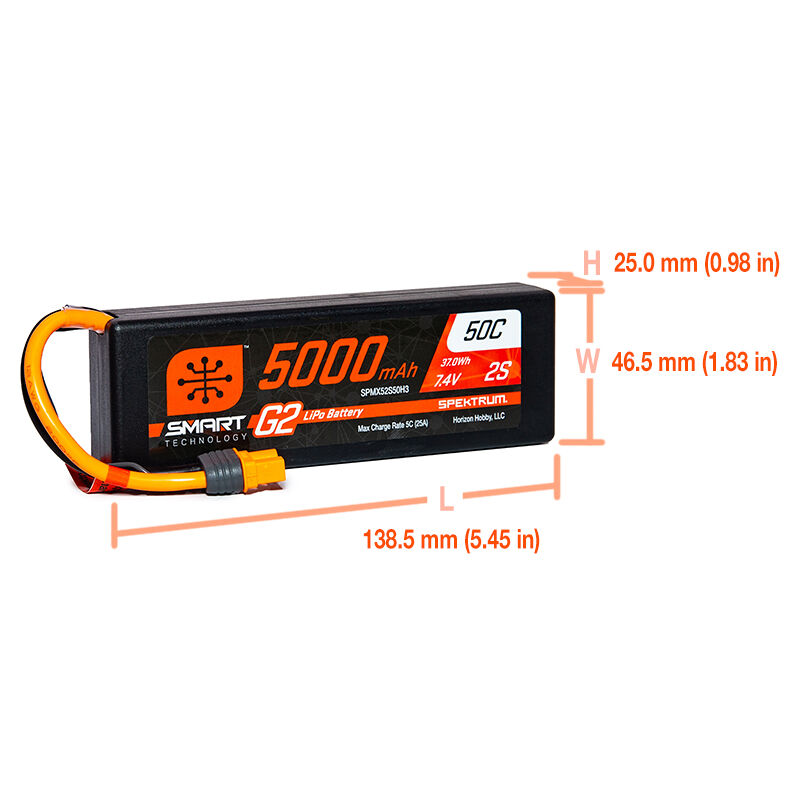 Spektrum Accessories 7.4V 5000mAh 2S 50C Smart LiPo G2 Hard Case: IC3