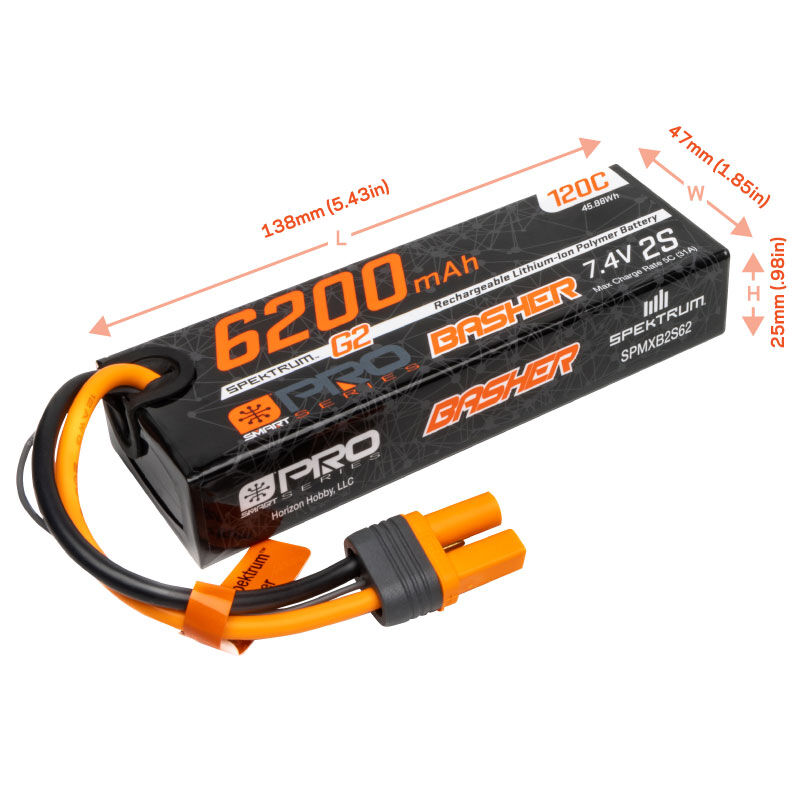 Spektrum Accessories 7.4V 6200mAh 2S 120C Smart G2 Pro Basher LiPo Battery: IC5