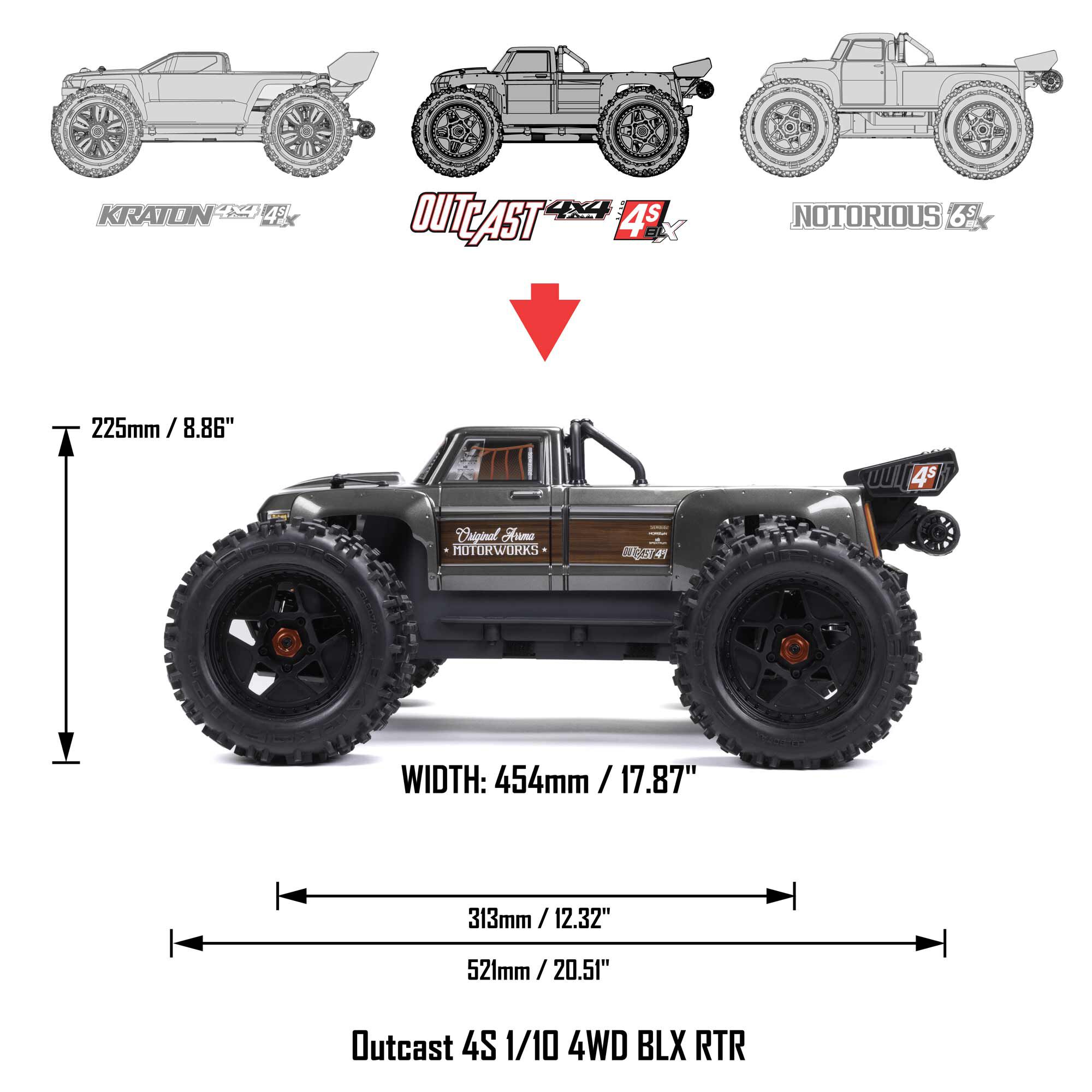 ARRMA 1/10 OUTCAST 4S 4X4 RTR Brushless Stunt Truck, Gun Metal
