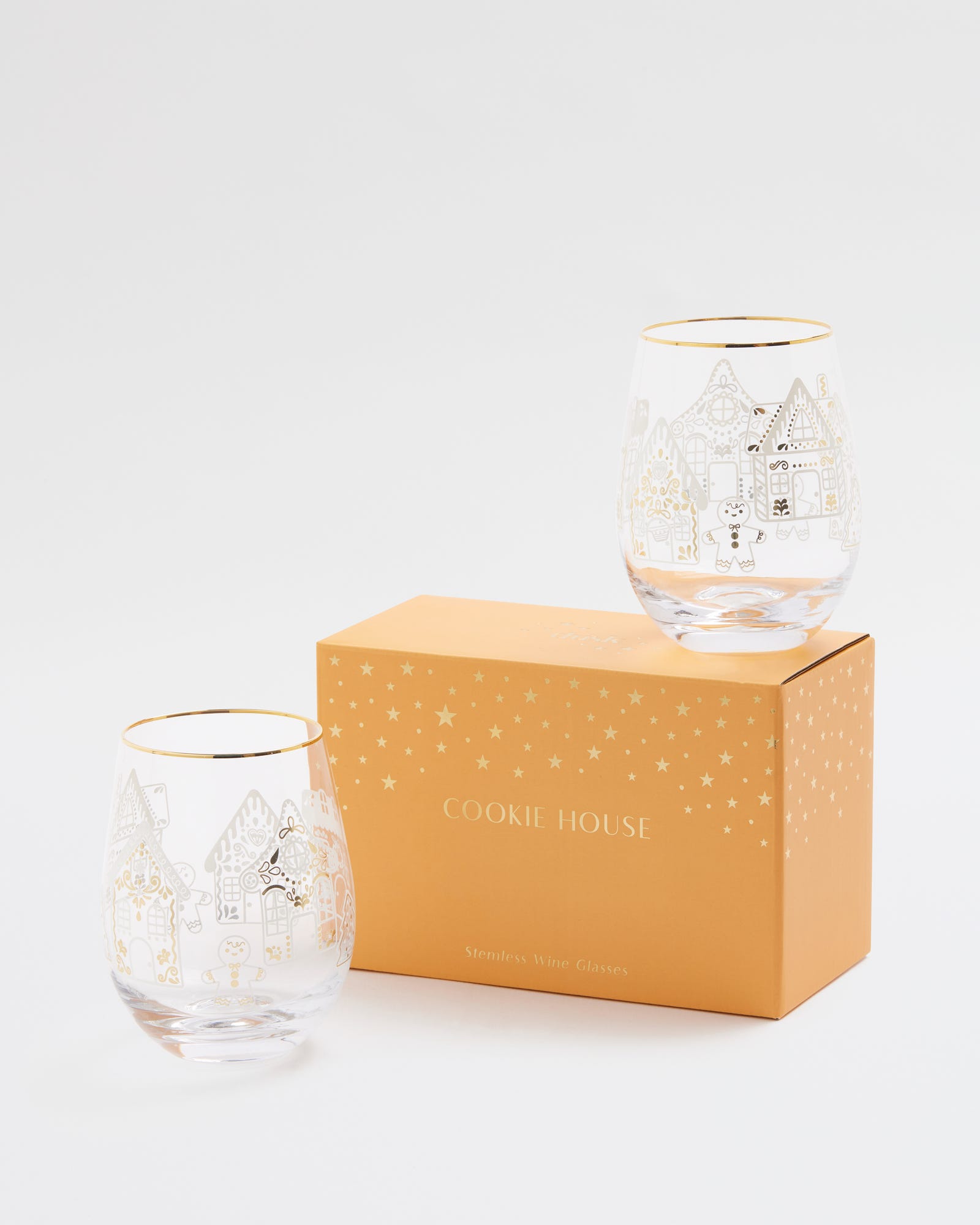 Stemless Wine Glasses Cookie Houses Set of 2