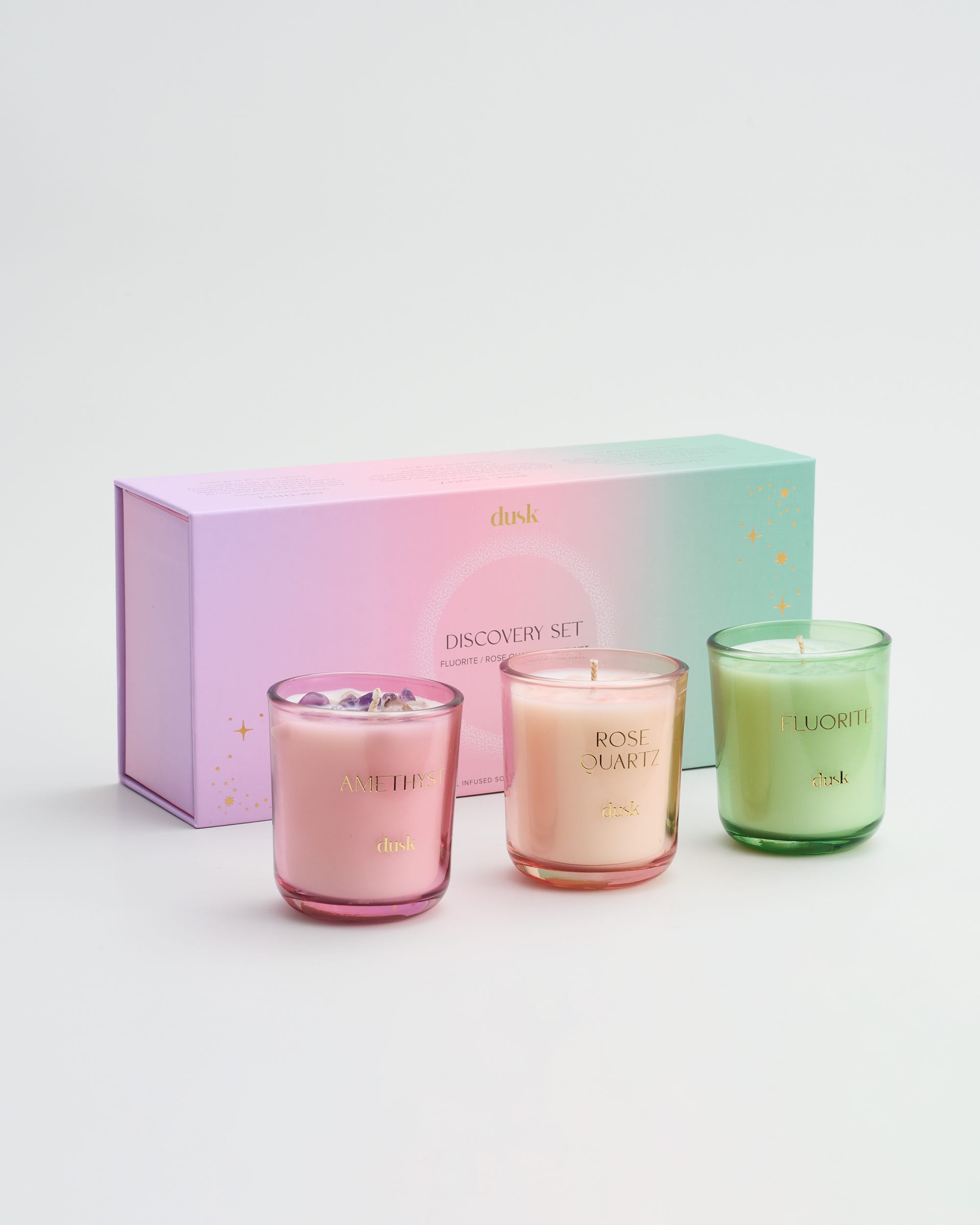 Discovery Set Crystal Infused Soy Blend Scented Candle Fluorite | Rose Quartz | Amethyst70G 3Pk