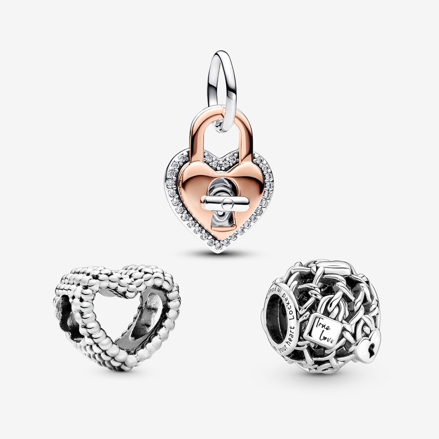 Heart and Padlock Charm Trio
