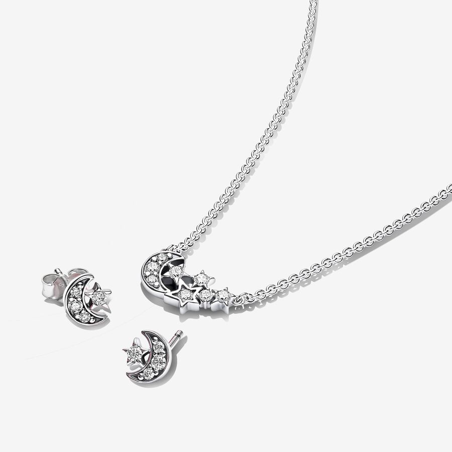 Sparkling Moon and Star Necklace and Earrings Set