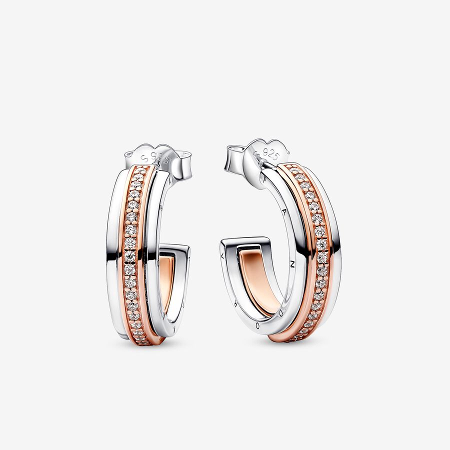 Pandora Signature Two tone Logo & Pav&eacute; Hoop Earrings