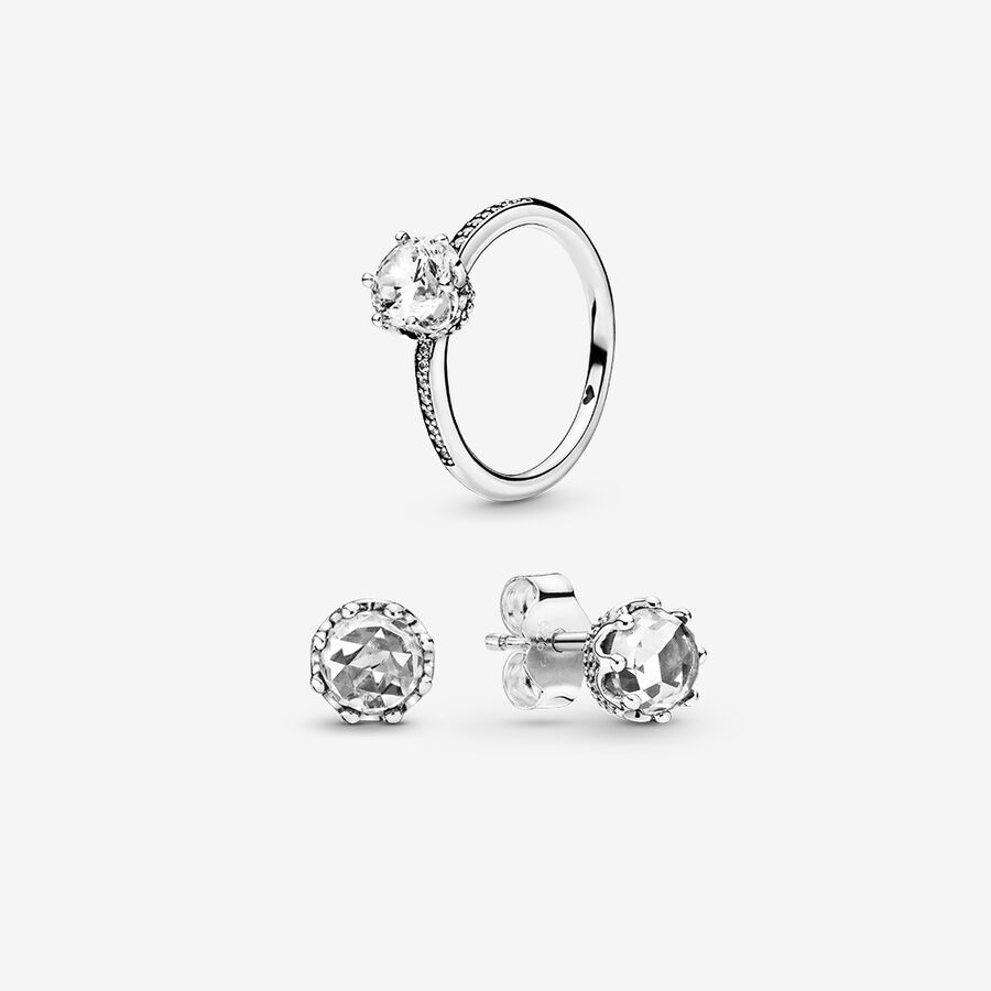 Clear Sparkling Crown Ring and Earring Set