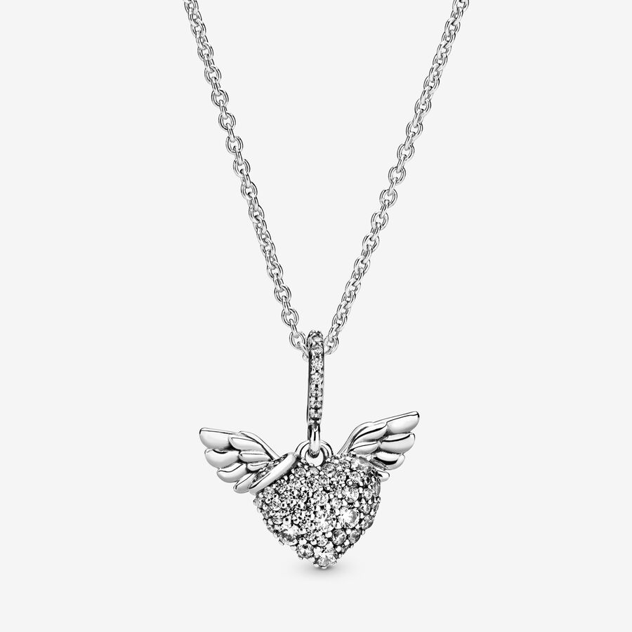 Pav&eacute; Heart and Angel Wings Necklace