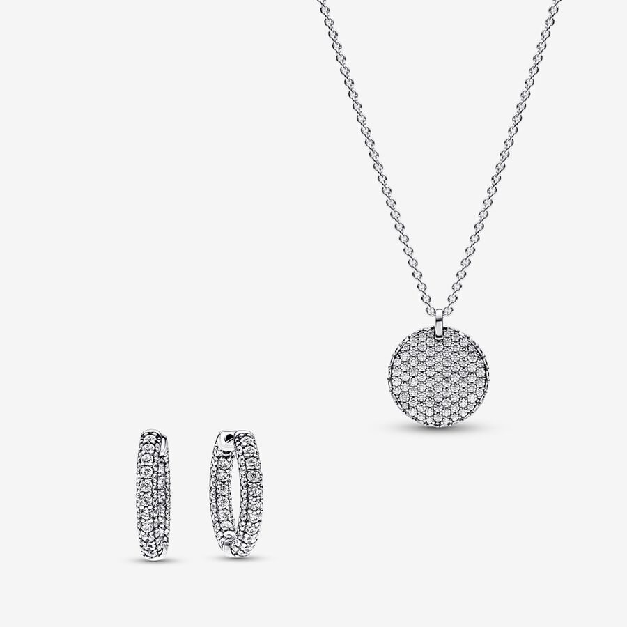 Pav&eacute; Round Necklace and Hoop Earrings Set