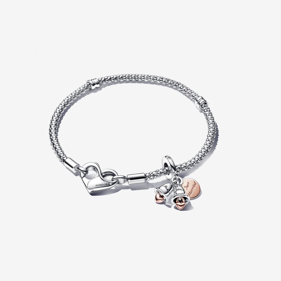 Just Married Two-Tone Wedding Bells Charm & Bracelet Set