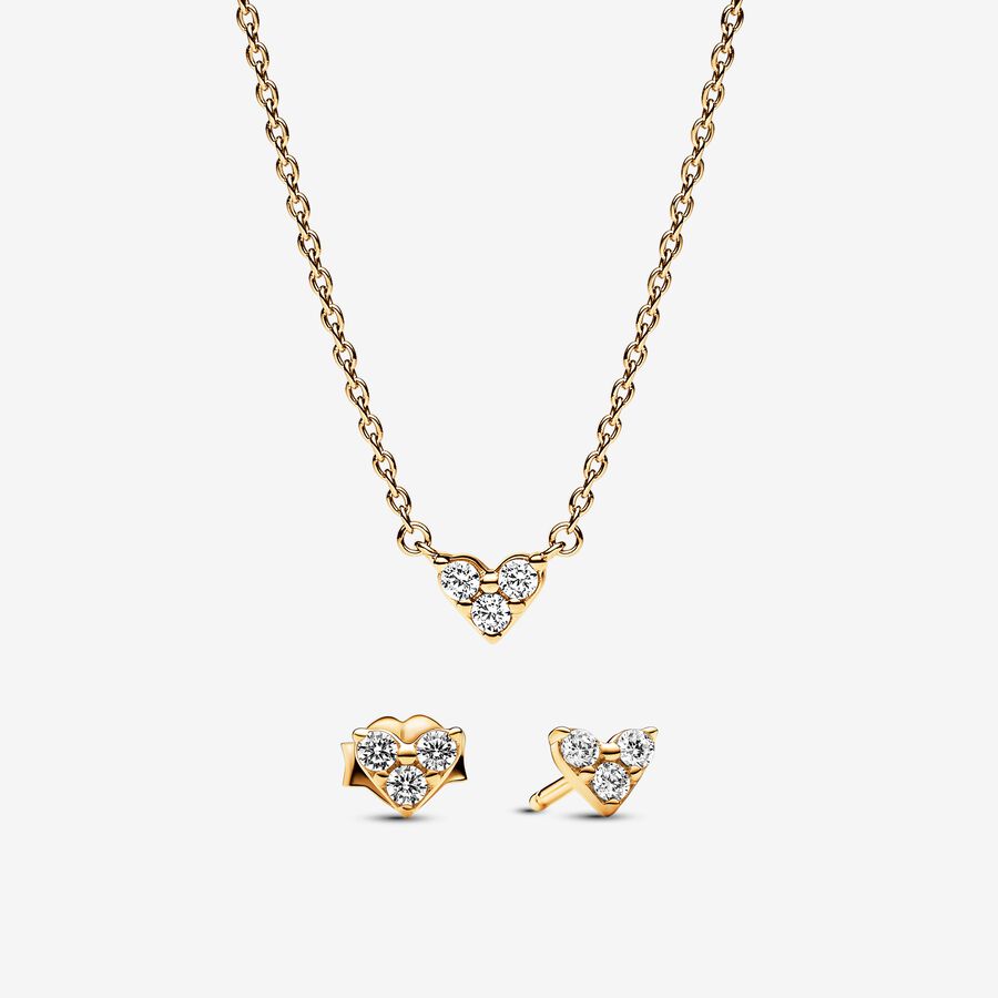 Golden Triple Stone Heart Necklace and Earrings Set