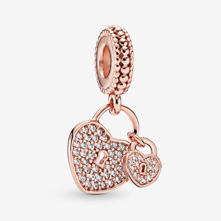 Pav&eacute; Heart Padlocks Dangle Charm