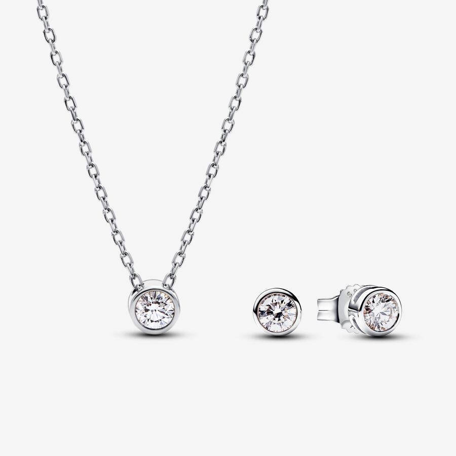 Pandora Era Bezel Lab grown Diamond Pendant Necklace and Earrings set, Sterling Silver, 0.45 carat TW