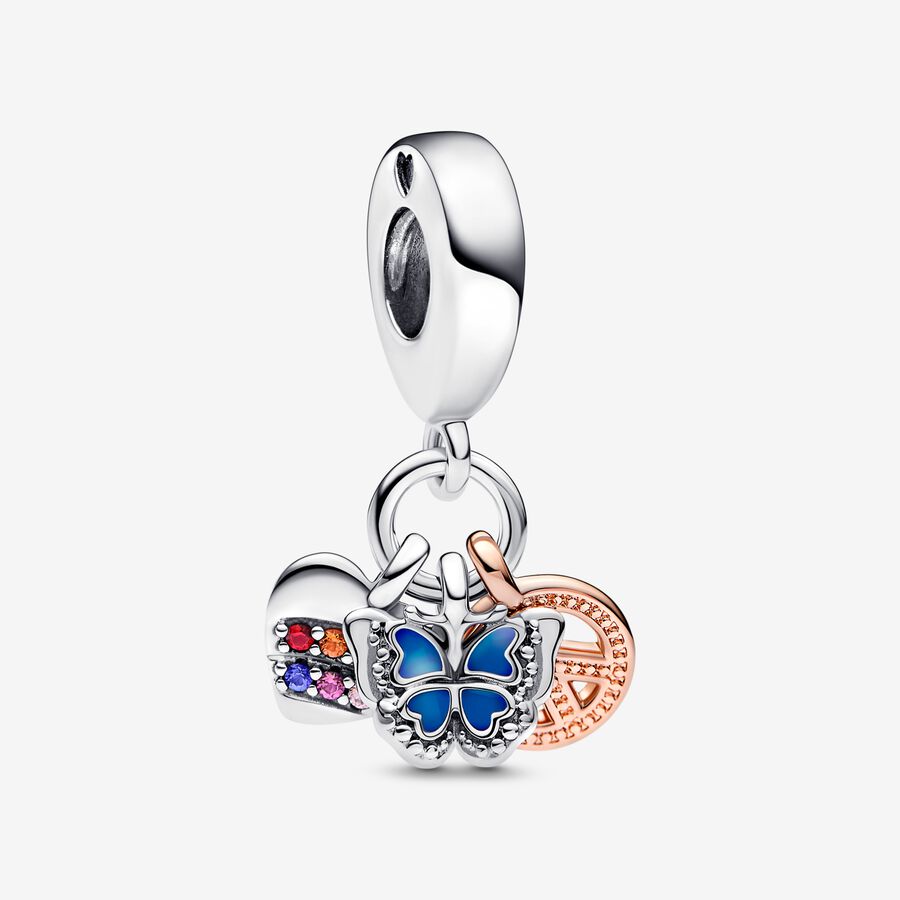 FINAL SALE - Two-Tone Rainbow Heart, Butterfly & Peace Triple Dangle Charm