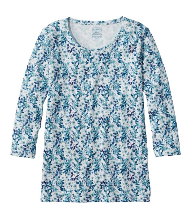 Women's Pima Cotton Shaped Jewelneck Tee, Three-Quarter-Sleeve Print