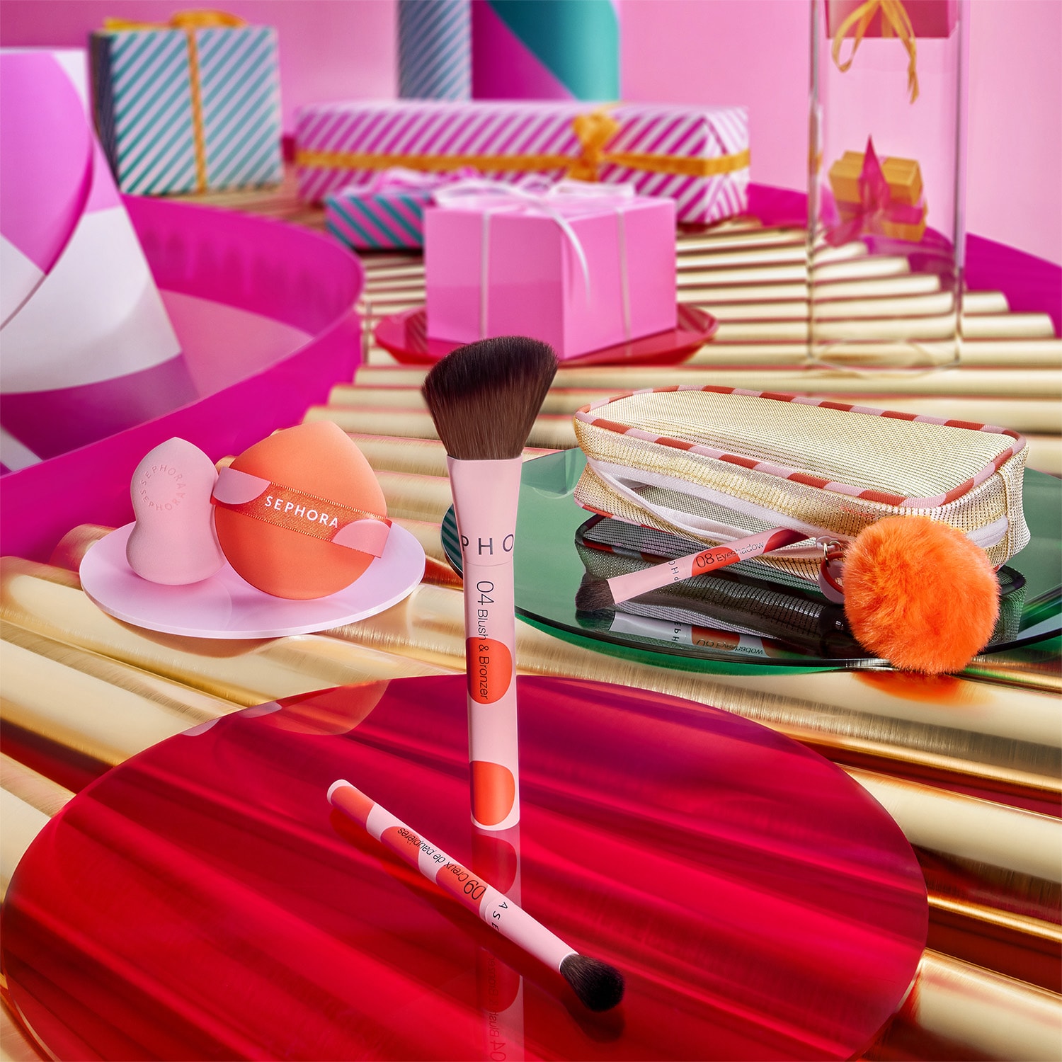 Kit de pinceles y accesorios maquillaje - 3 pinceles rostro y ojos + 2 esponjas