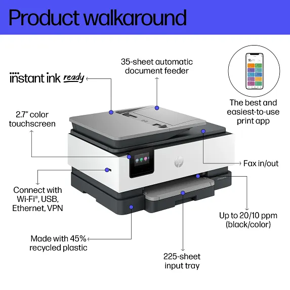 HP OfficeJet Pro 8139e Wireless All-in-One Printer with 1 Full Year Instant Ink with HP+, AI-enabled