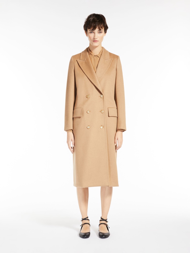 Double-breasted camel coat