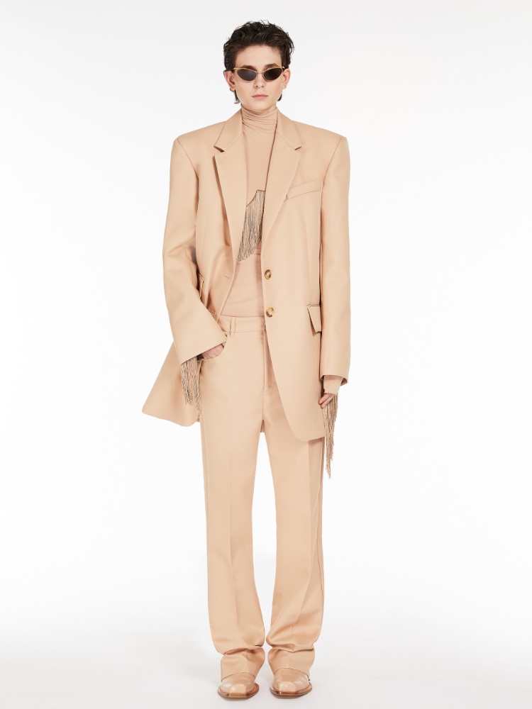 Long fringe-adorned mock polo-neck sweater