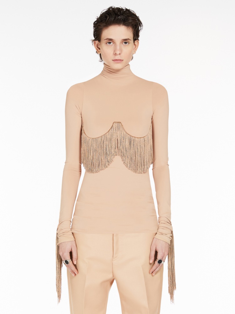 Long fringe-adorned mock polo-neck sweater