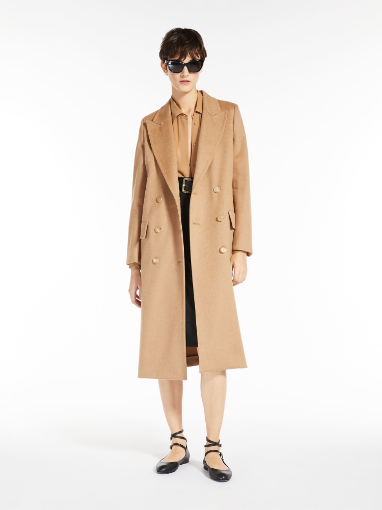 Double-breasted camel coat