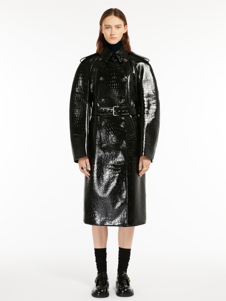Trench coat in crocodile-effect vinyl fabric