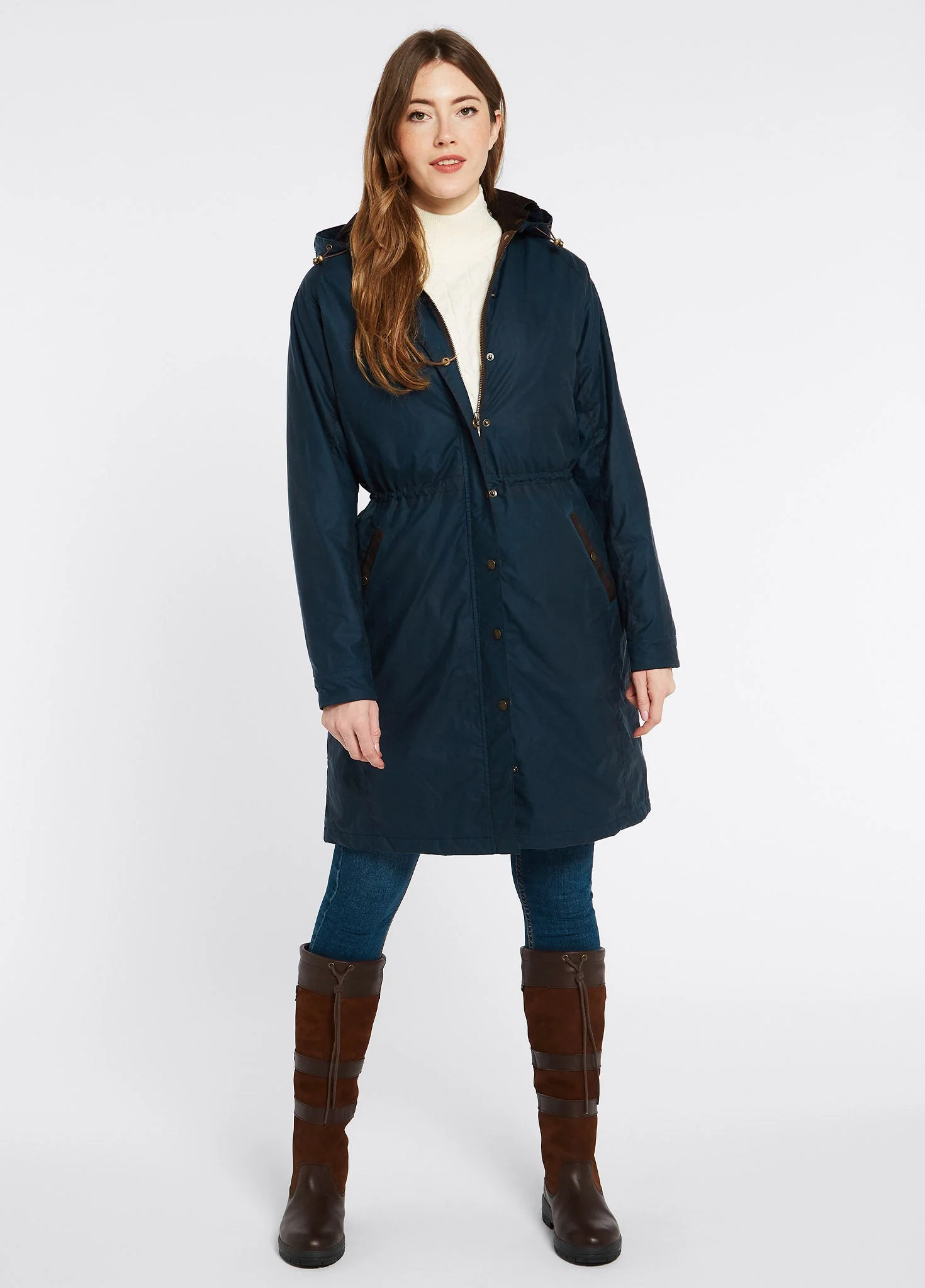 Redington Ladies' Long Waxed Cotton Coat - Storm Blue