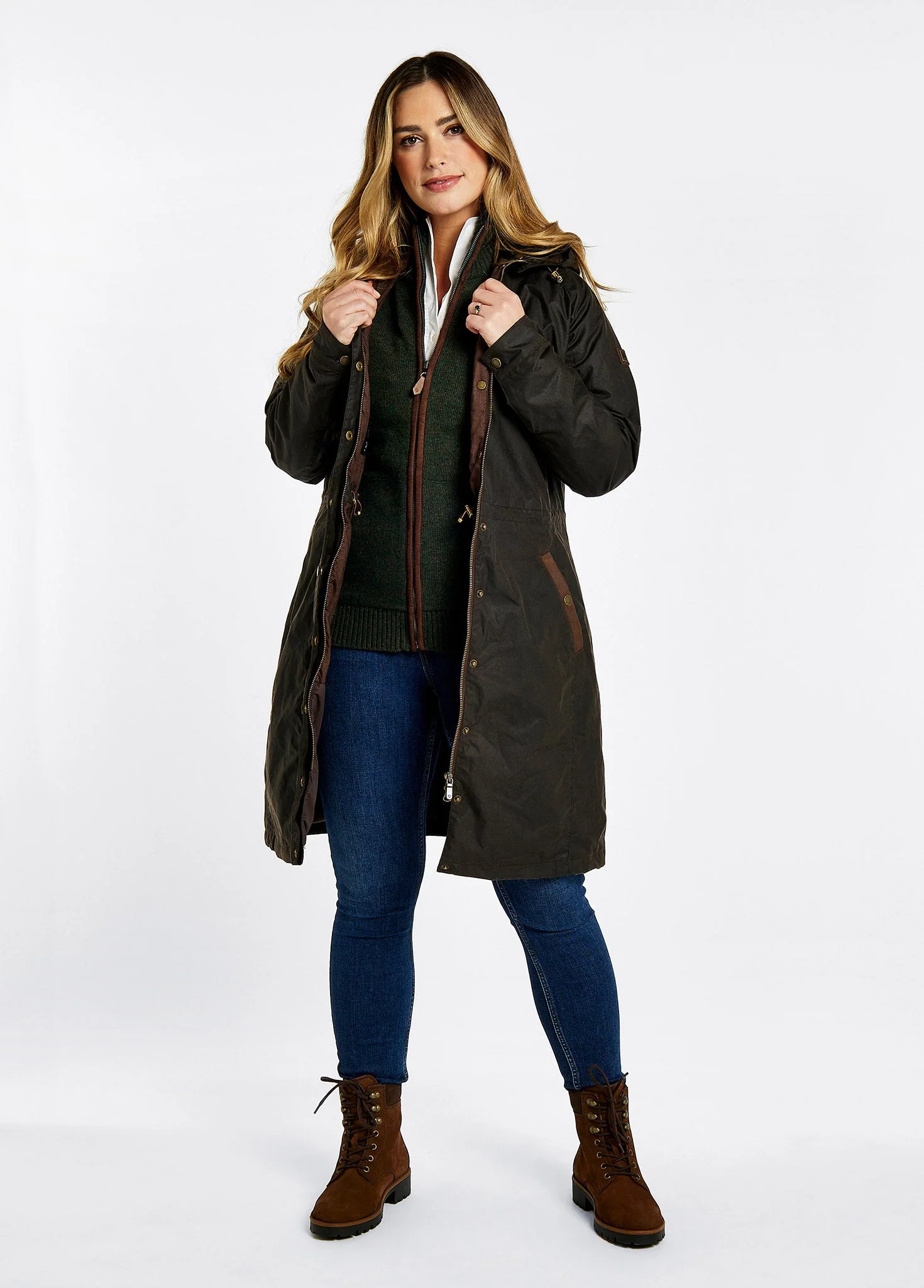 Redington Ladies' Long Waxed Cotton Coat - Verdigris