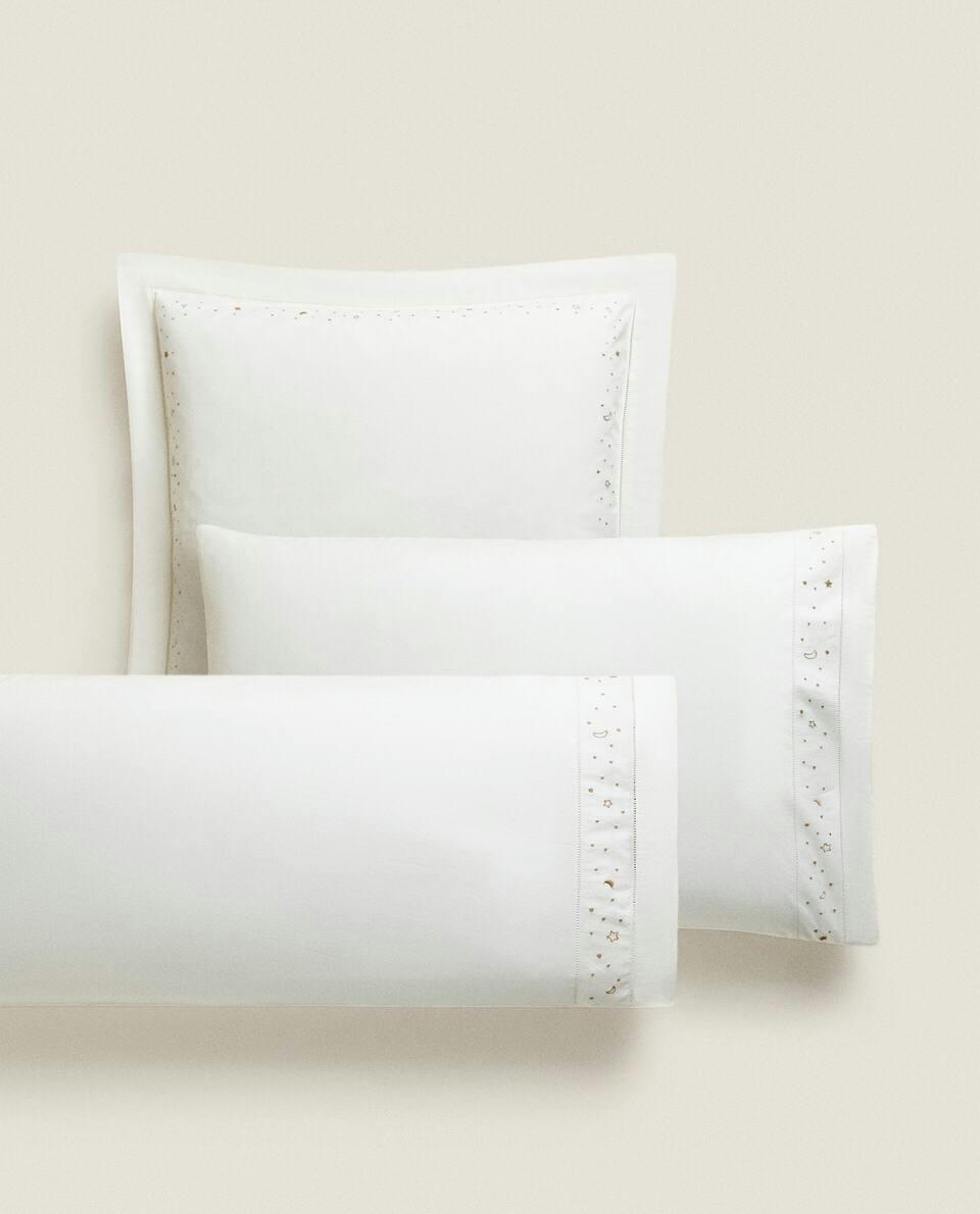 EMBROIDERED MOONS AND STARS PILLOWCASE