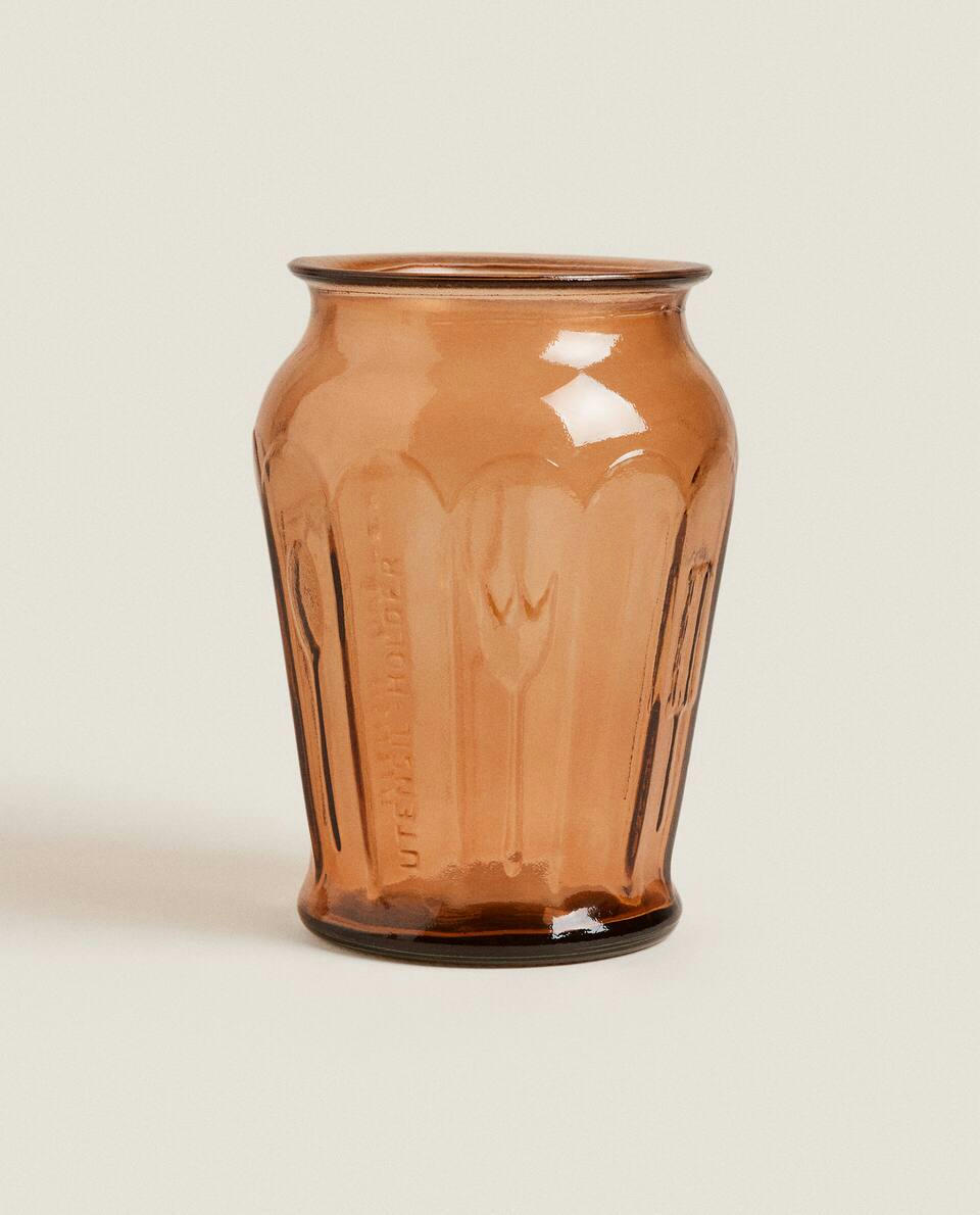 FACETED GLASS UTENSIL HOLDER