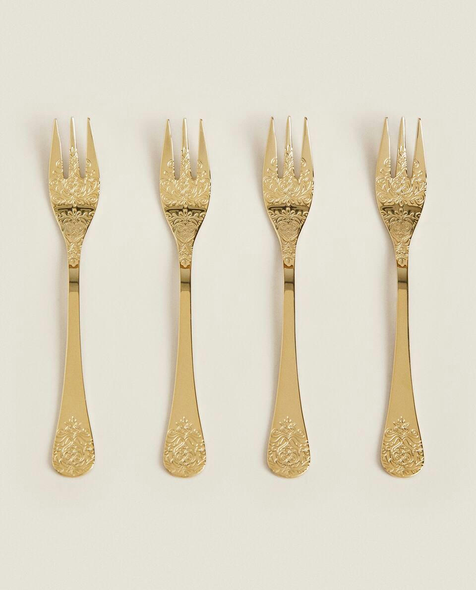 BOX OF 4 DECORATIVE ENGRAVED BRUNCH FORKS